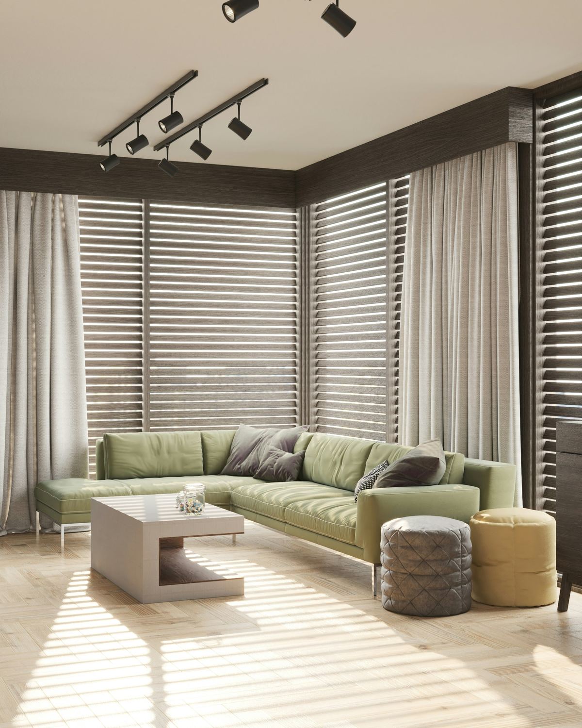Wohnzimmer mit Sonnenlicht durch Lamellen